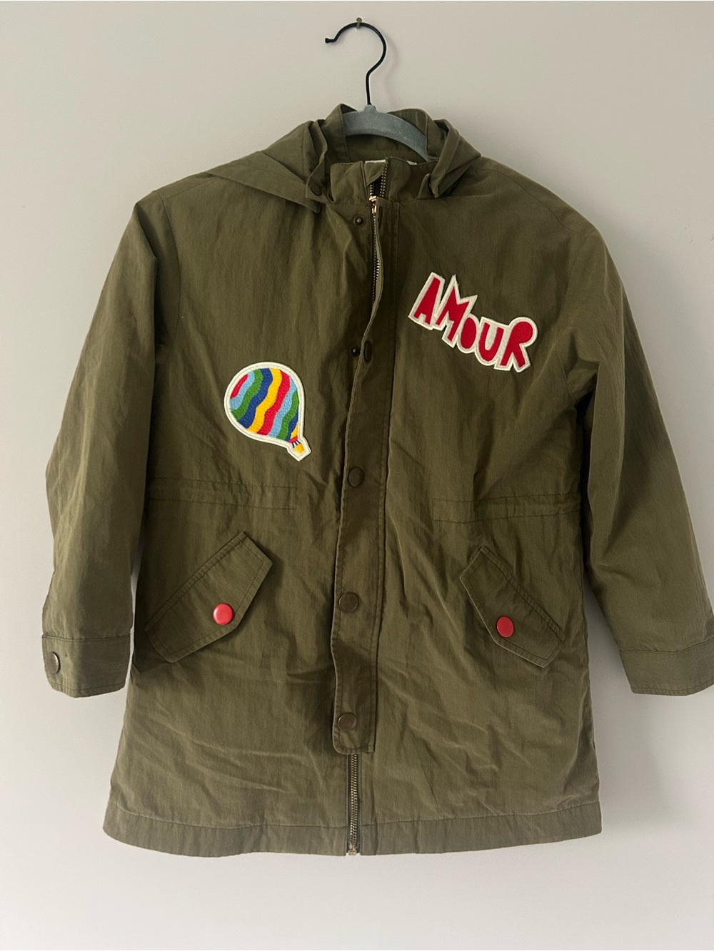 Kids Olive Green Hooded Parka Jacket with Patches